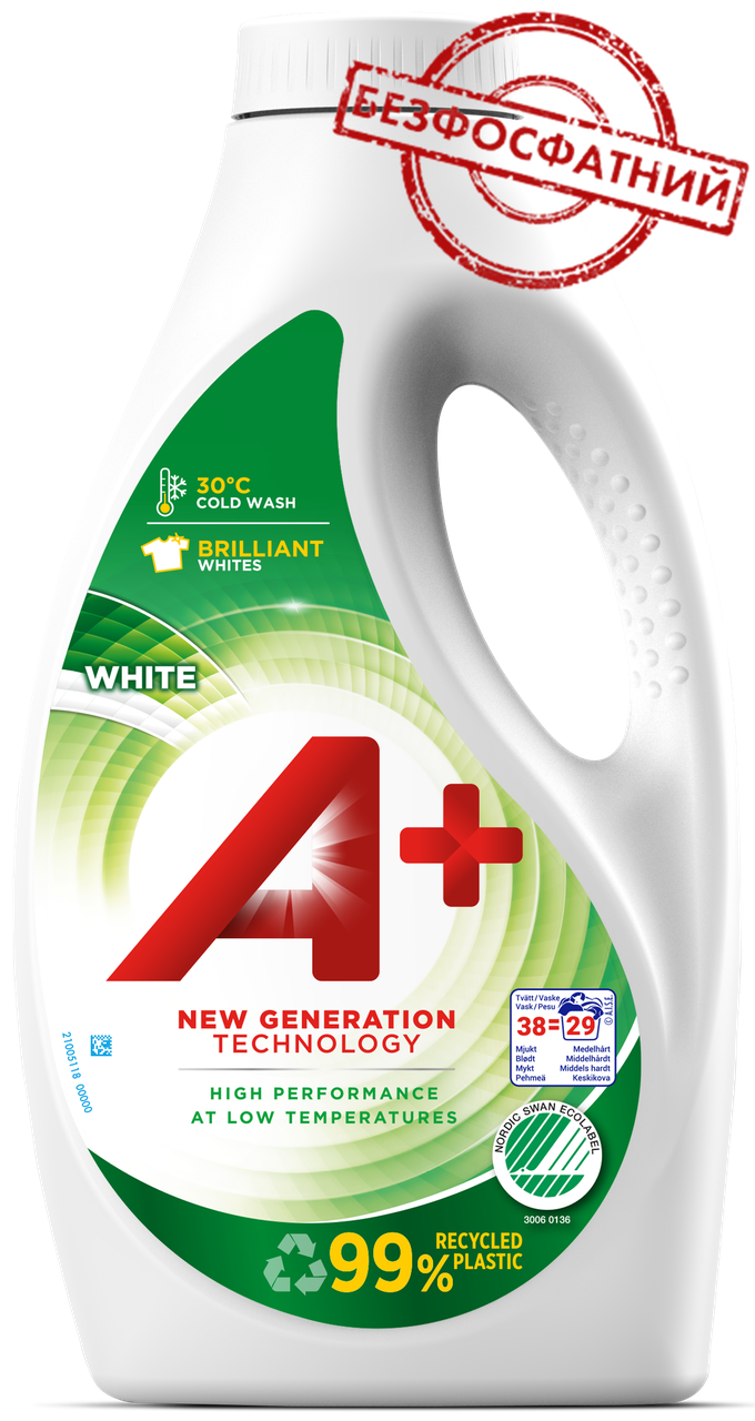 Концентрований гель A+ White для прання білої білизни  / 1,5 л  /38  прань/