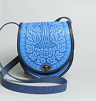 Жіноча шкіряна сіро-синя сумка ручної роботи напівкругла "Калина"