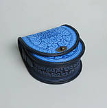 Жіноча шкіряна сіро-синя сумка ручної роботи напівкругла "Калина", фото 4