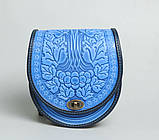 Жіноча шкіряна сіро-синя сумка ручної роботи напівкругла "Калина", фото 6