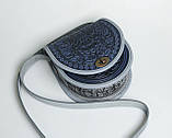 Жіноча шкіряна сіро-синя сумка ручної роботи напівкругла "Калина", фото 5