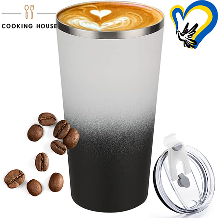 Термокухоль 500мл Cooking House 7trav , термокружка, термо-чашка біло-чорного кольору, фото 1