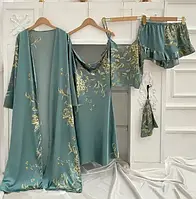 Женский зеленый атласный набор халат с поясом, пеньюар, пижама с шортиками