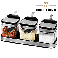 Набор контейнеров для соли, перца, приправ и специй Cooking House daymart с крышками и ложками 3 шт.