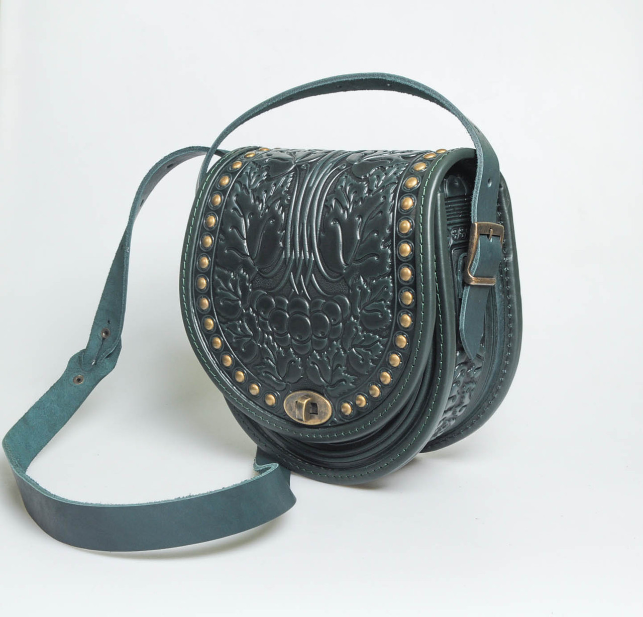 Жіноча шкіряна зелена сумка "Калина" металом, фото 1