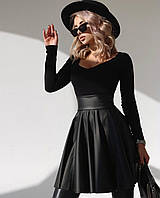 Женская стильная черная юбка трапеция в складочку эко кожа на флисе 42-44 46-48 размеры 48/50