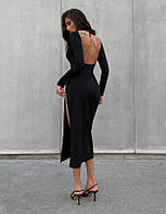 Женское стильное элегантное черное длинное платье с вырезом на ножке на открытая спина длинный рукав