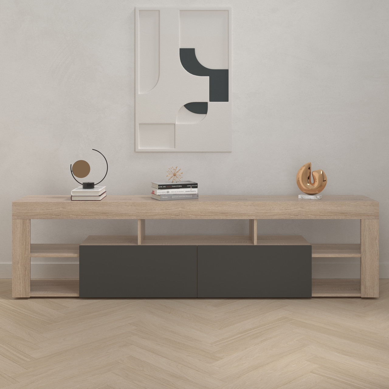 Тумба під телевізор, комод для дому під ТВ з 5 полицями та 2 нішами з ДСП II K-200 Дуб+антрацит, фото 1