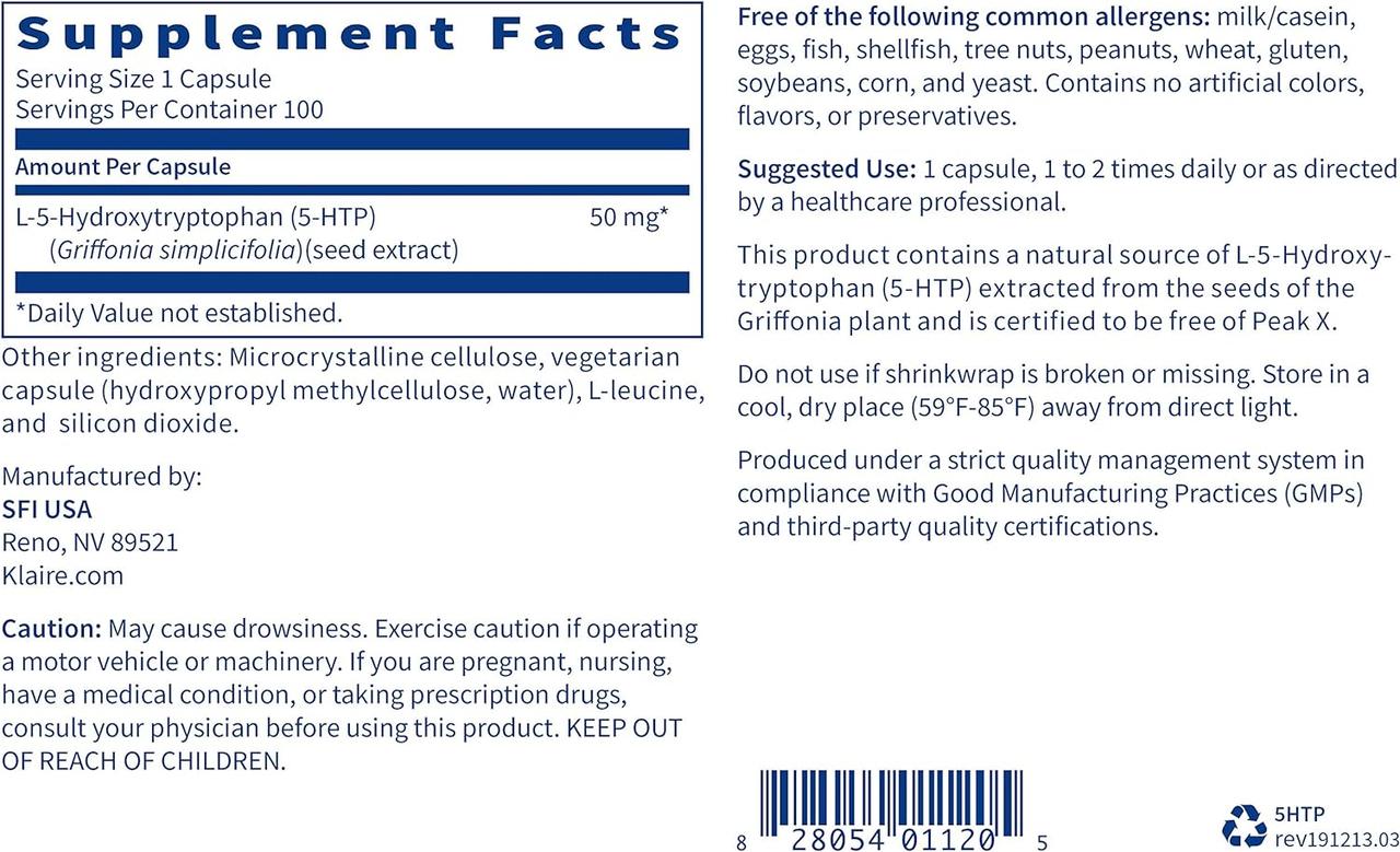 5HTP Klaire Labs 50 мг 100 капсул (ID2121208071), цена 1379