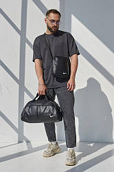 Комплект сумка груша шкірзам + барсетка шкірзам, Nike чорний (білі лого)