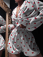 Женская пижама сердечки тройка: рубашка, шорты и брюки