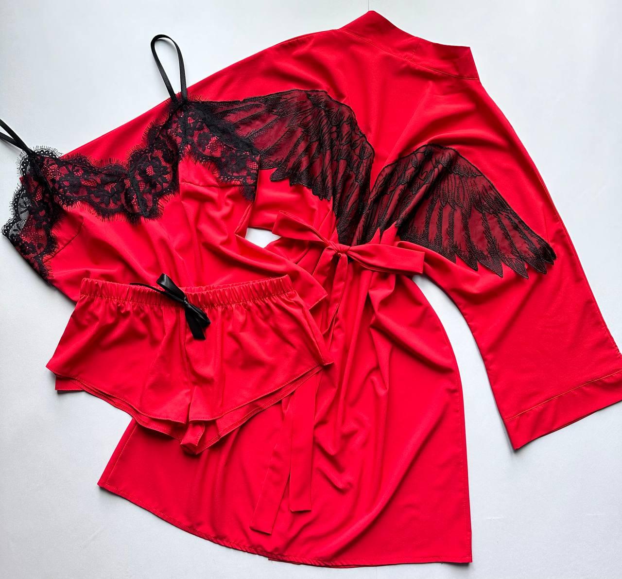 Красный комплект халат и пижама с кружевом, фото 1