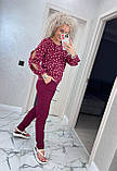 Стильний брючний костюм жіночий бордовий у горох осінній костюм із блузою прогулянковий костюм двійка батальний, фото 9