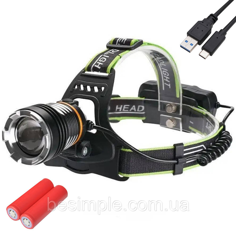 Фонарь налобный, zoom, microUSB, аккумуляторный 2x18650, BL-8003-P50/ LED фонарик с датчиком движения, фото 1
