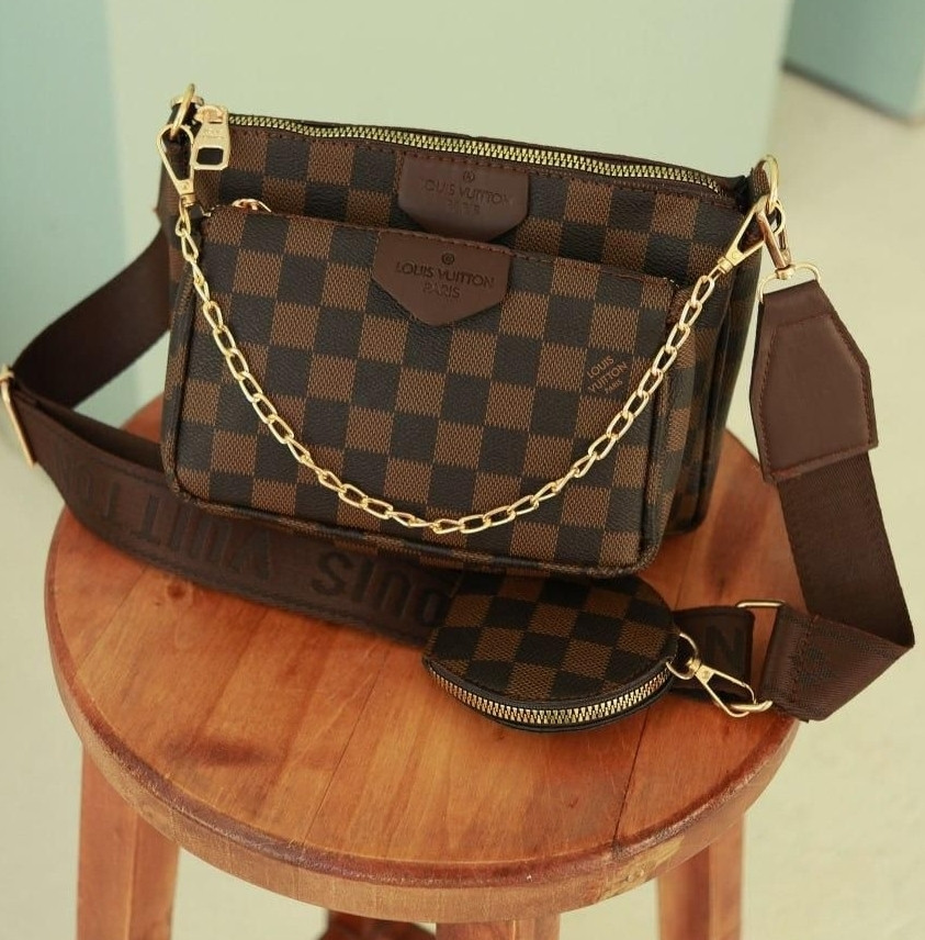 Сумка жіноча Louis Vuitton 3 в 1 коричнева клітка + коричневий ремінець, фото 1