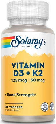 Вітамін Д3+К2 Solaray Vitamin D3+K2 (soy free) 120 veg caps, фото 1