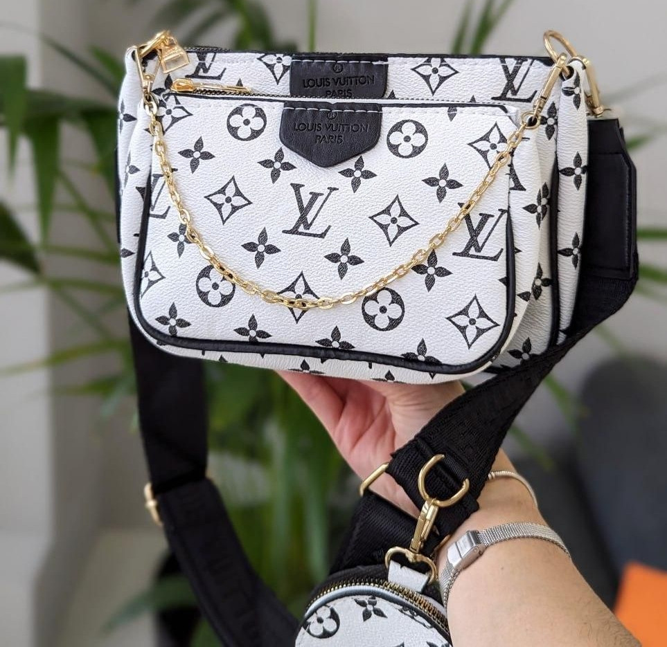 Сумка жіноча Louis Vuitton 3 в 1 білий+чорний ремінець, фото 1