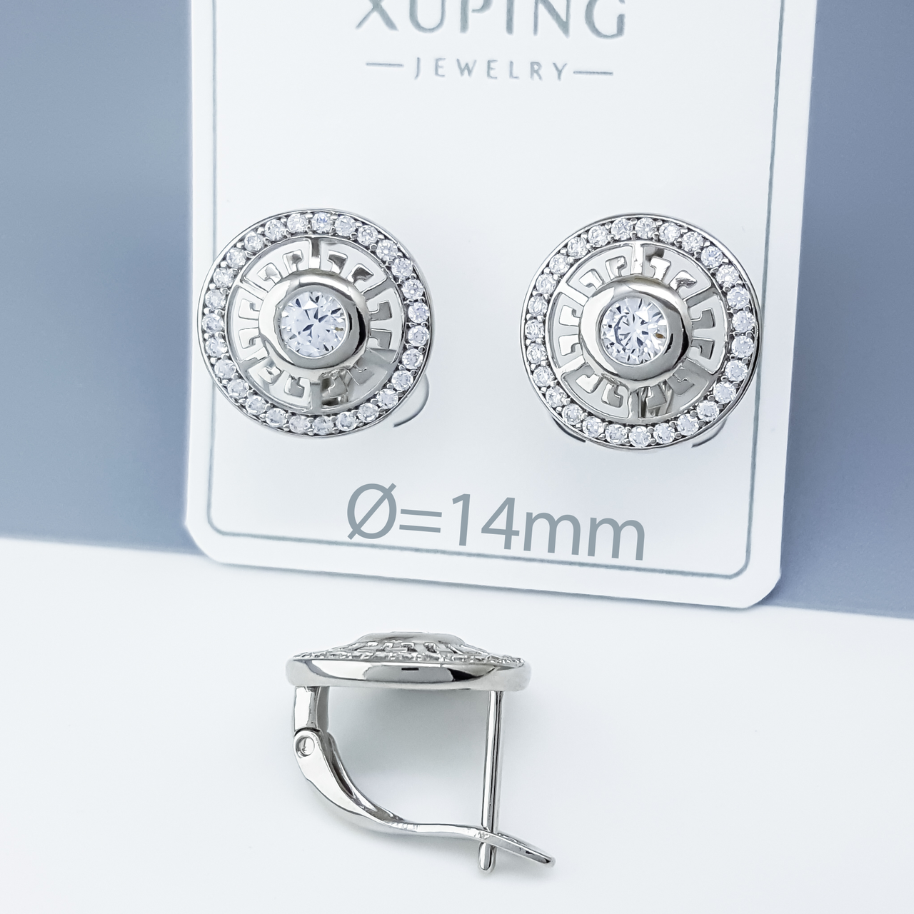 Серьги "Круг" с греческим узором и камнями, англ.замок, медсталь Xuping, родий, фото 1