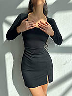 Стильное базовое приталенное женское платье MiniDior с разрезом рубчик с завязками на спине с длинным рукавом