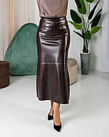 Коричневая женская длинная юбка из эко-кожи в деловом стиле 44, 46, 48, 50, 52, 54, 56