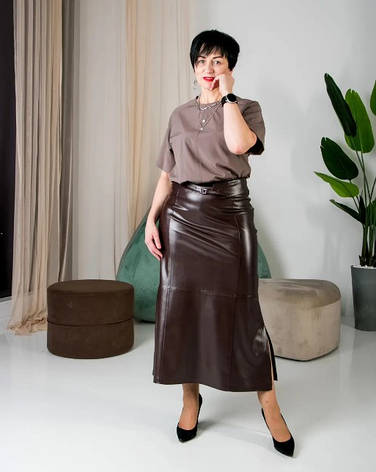 Спідниця жіноча трапеція "Влада" з еко-шкіри з високою посадкою у шоколадному кольорі розміри 44, 46, фото 1