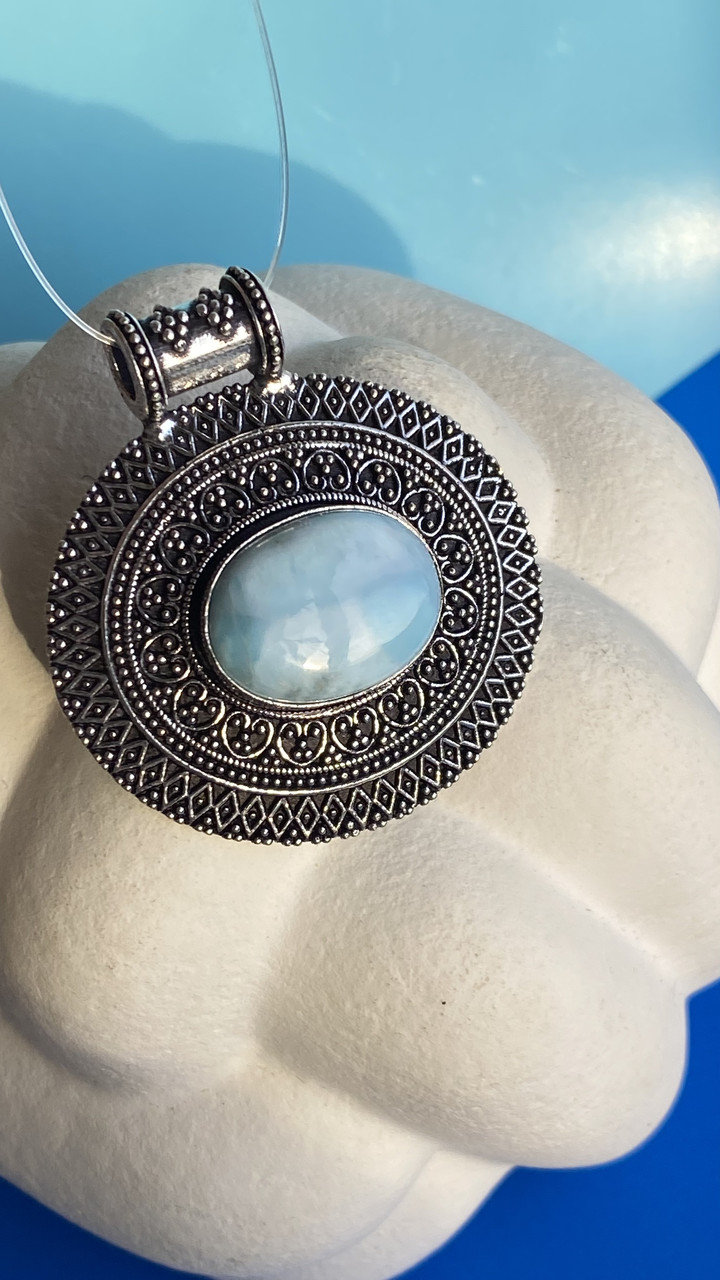 Підвісок з натуральним каменем ларимар в сріблі. Натуральний ларимар кулон з ларимаром в сріблі. Індія., фото 1