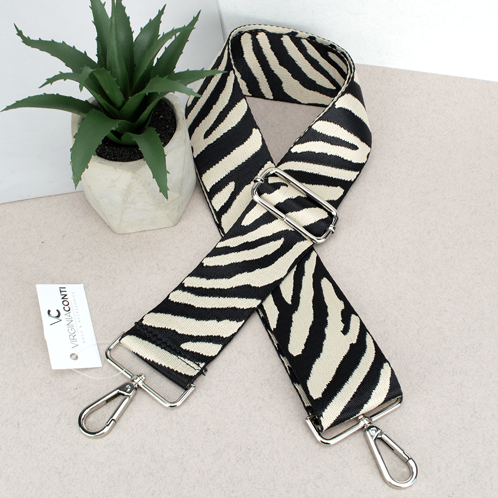 Ремінь для сумки текстильний Virginia Conti 50 мм R_animal_silver з карабінами чорно-білий