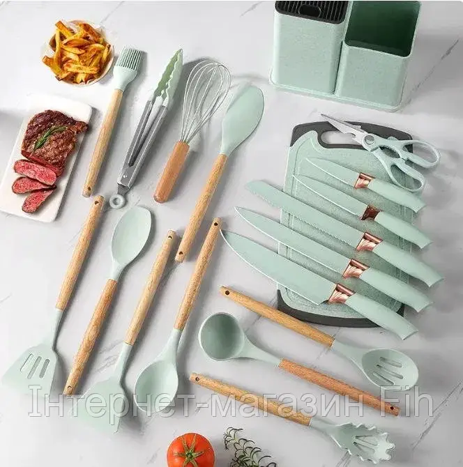 Набор кухонныx принадлежностей + набор ножей Zepline ZP-107 19 предметов Бирюзовый - фото 2 - id-p2121310702
