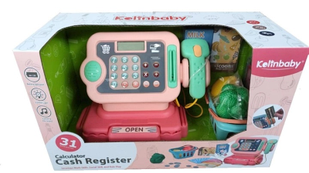 Дитячий касовий апарат зі світловими та звуковими ефектами, кошиком з продуктами, та калькулятором, Рожевий
