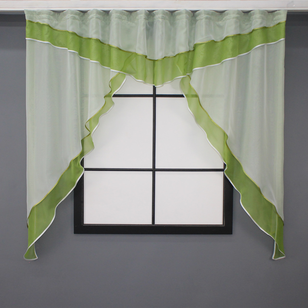 Кухонна фіранка (280х155см.), на карниз 1,5-2м. Колір оливковий з білим. Код 00к 59-854, фото 1