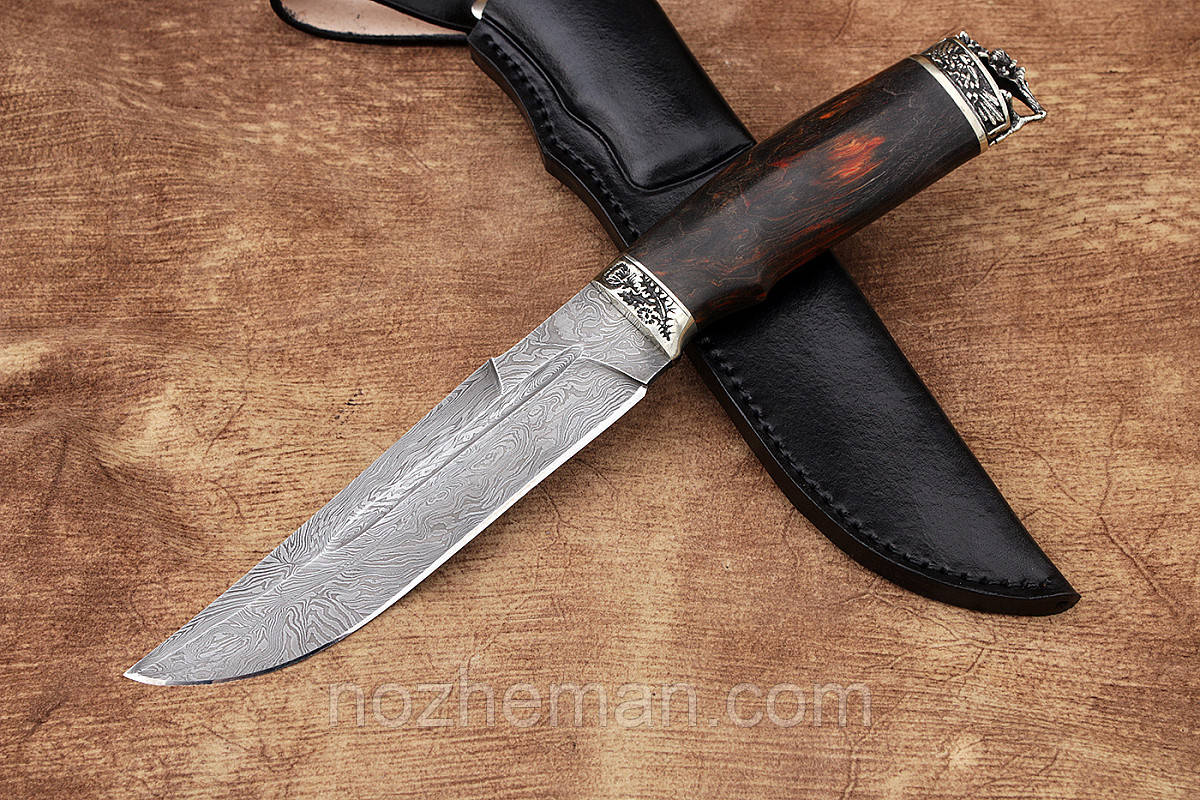 Ніж ручної роботи для полювання Ворон 2, ніж нескладний із дамаської сталі, зі шкіряним чохлом у комплекті, фото 1