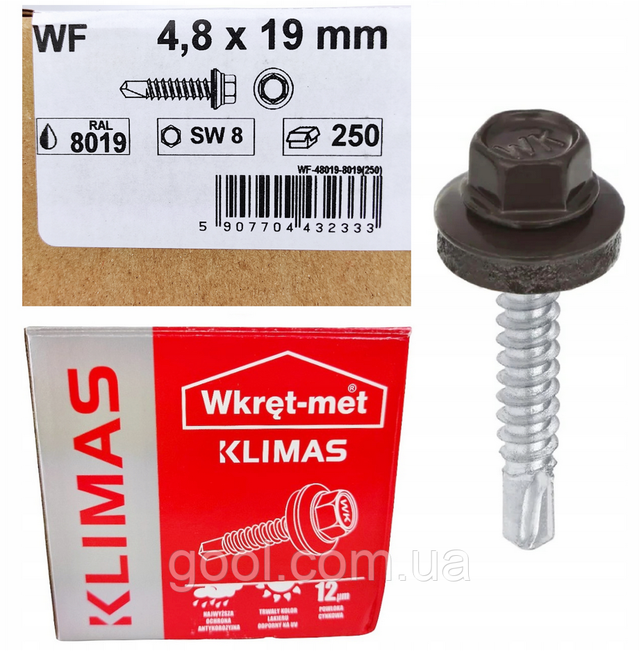 Покрівельні саморізи 4,8х19мм Wkret-Met Klimas WF колір RAL 8019 для профнастилу та металочерепиці до металу упаковка 250 штук, фото 1
