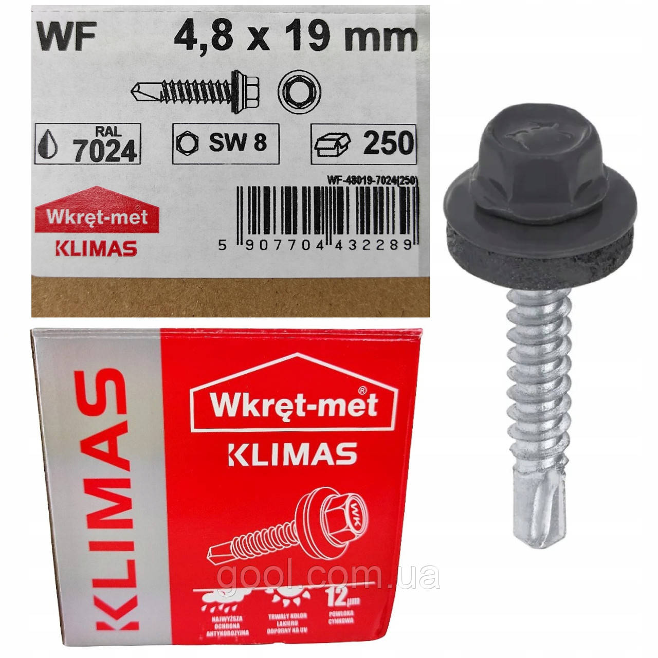 Покрівельні саморізи 4,8х19мм Wkret-Met Klimas WF колір RAL 7024 для профнастилу та металочерепиці до металу упаковка 250 штук