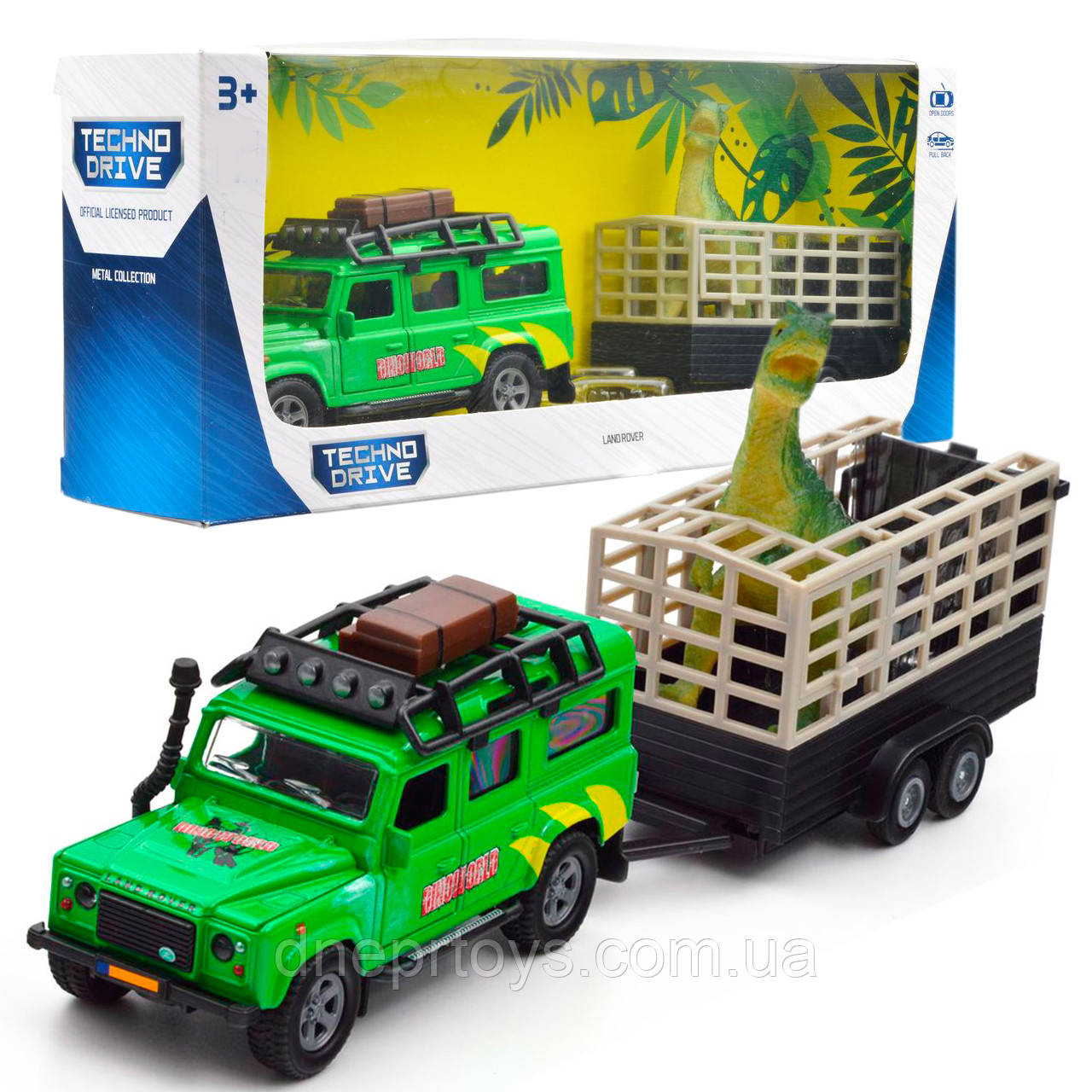 Ігровий набір Land Rover зелений з причепом і динозавром метал пластик довжина з пицепом 29см (520178.270), фото 1