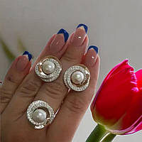 Серебряный набор с вставками золота - серьги и кольцо с жемчугом из серебра с золотом