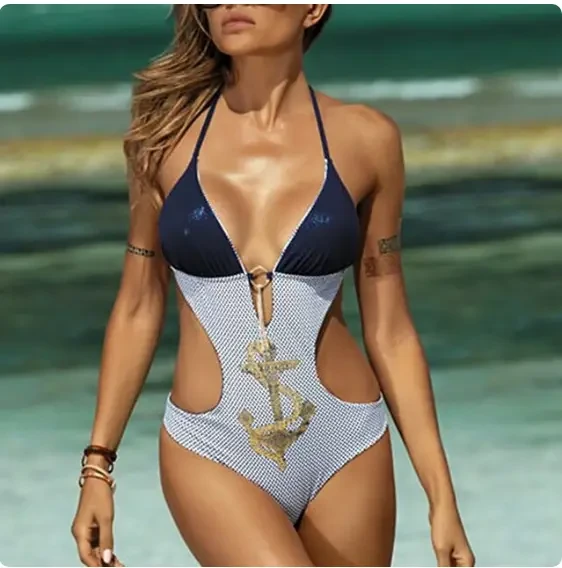 Жіночий суцільний купальник в горошок і відкритий спиною, фото 1