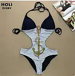 Жіночий суцільний купальник в горошок і відкритий спиною, фото 2