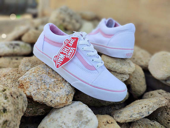 ЗНИЖКА Білі тканинні кеди VANS white/Pink з рожевою смугою жіночі текстильні весна- літо, фото 1