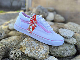 ЗНИЖКА Білі тканинні кеди VANS white/Pink з рожевою смугою жіночі текстильні весна- літо, фото 3