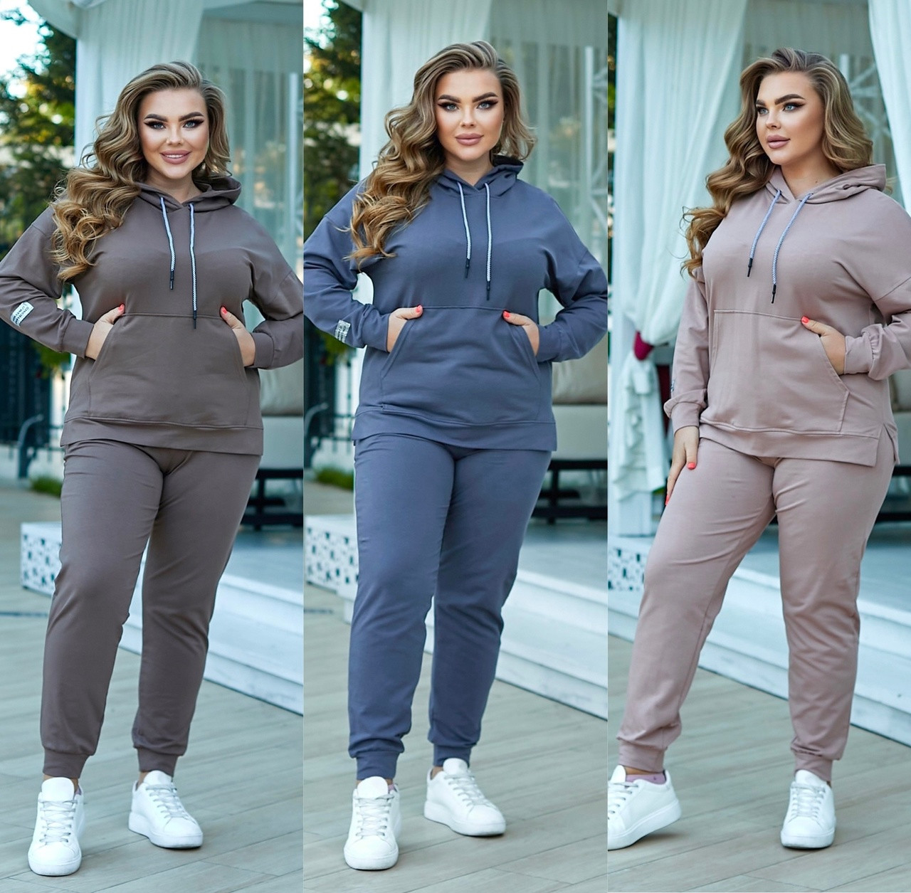Спортивний костюм прогулянковий з подовженим худі та штанами кольору бежевий графіт шоколад, фото 1