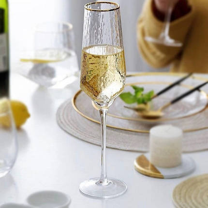 Келих для шампанського "Прозора бірюза" із золотим обідком, 200мл, фото 1