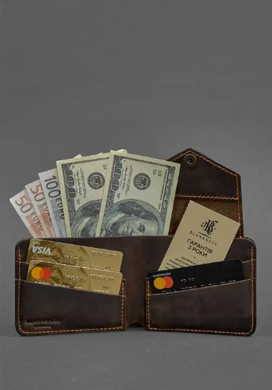 Шкіряні гаманці ручної роботи для дівчат, жіночий якісний гаманець на кнопці Темно коричневий, фото 1