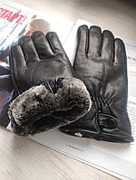 Чоловічі шкіряні рукавички зимові штучне хутро, чорні