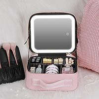 Косметичка валізатор з LED дзеркалом на кришці, Органайзер для зберігання косметики шкіряна, портативна рожева