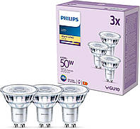 Лампа Philips Classic LED GU10, 50 Вт, прозрачная, теплого белого цвета, без регулировки яркости, 3 шт. в упак