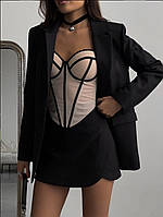 Роскошный женский костюм-двойка из костюмки: Мини юбка-шорты и удлиненный пиджак с плечиками Размеры 42 - 46
