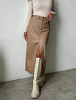 Женская стильная трендовая длинная юбка с разрезом ткань эко кожа