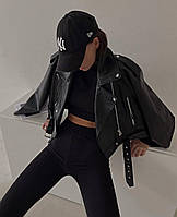 Женский стильный черный спортивный костюм-двойка (кроп топ +лосины ) микродайвинг
