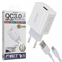 Сетевое зарядное устройство USB с кабелем USB WK Micro USB WP-U57-M-White 1 м o