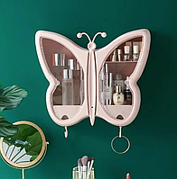Косметический органайзер-шкафчик настенный Бабочка полка для косметики в ванную Розовый